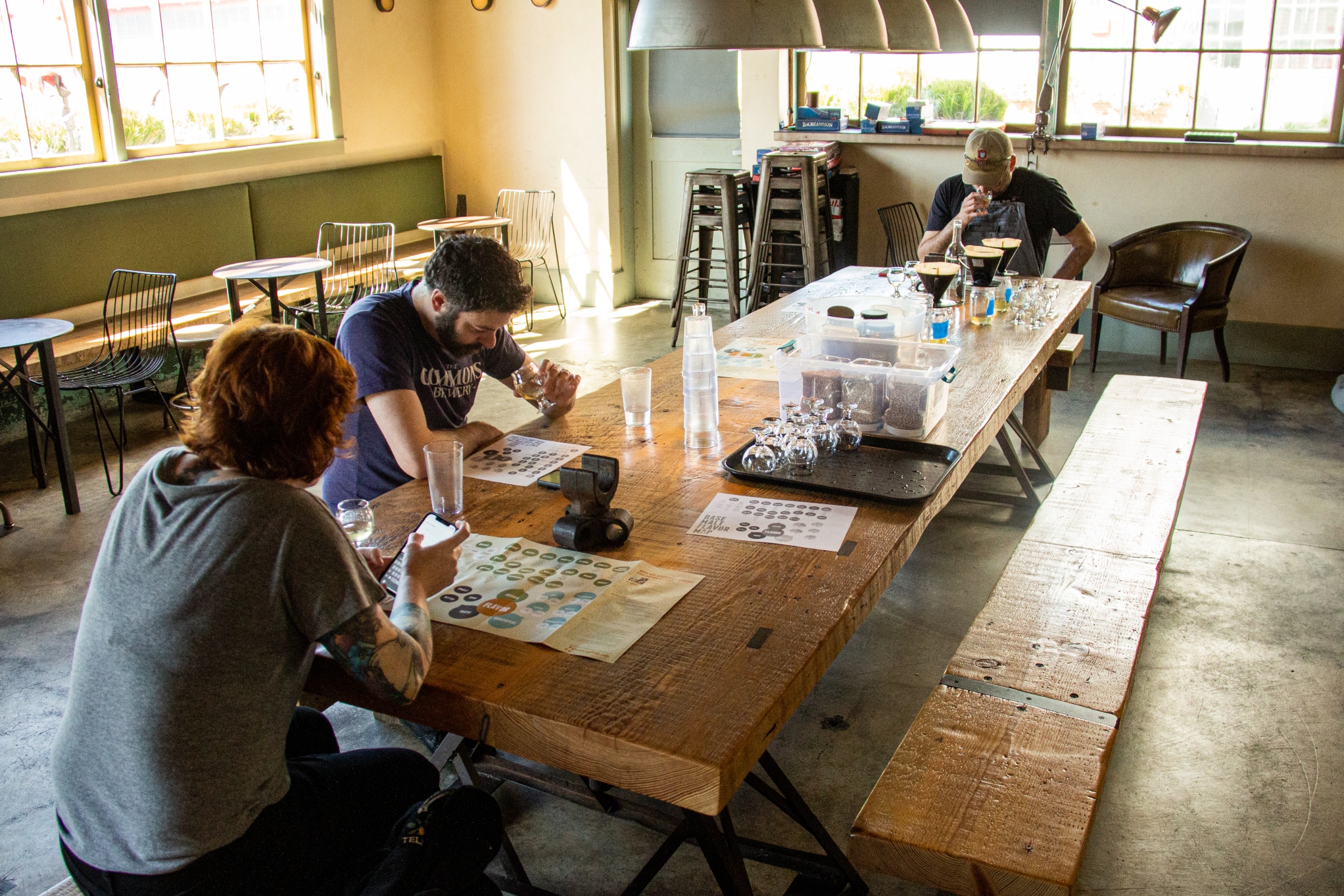 malt tasting a long table at Admiral Maltings in California