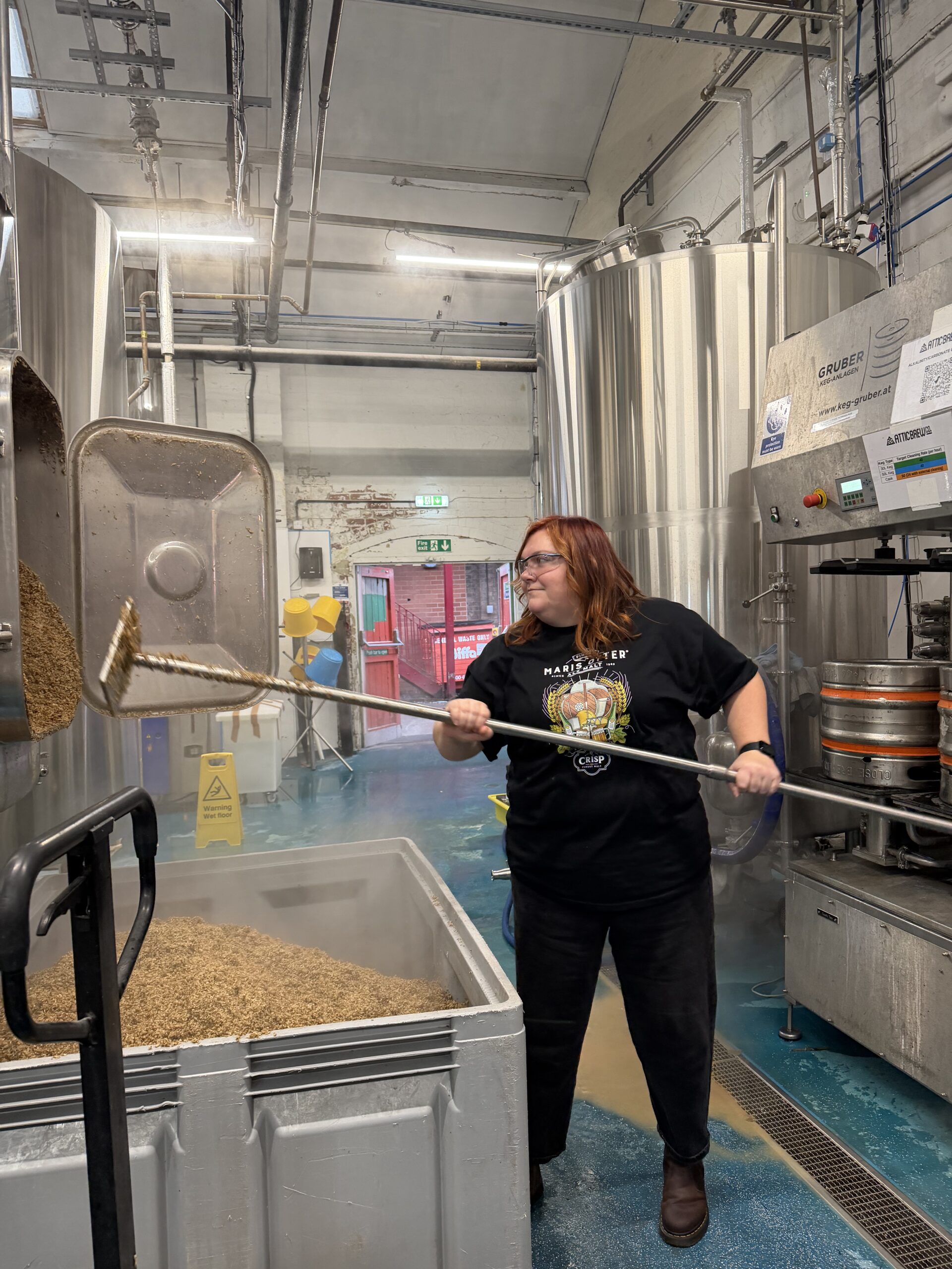 Steph Brindley on a craft brew day with a Crisp Malt customer